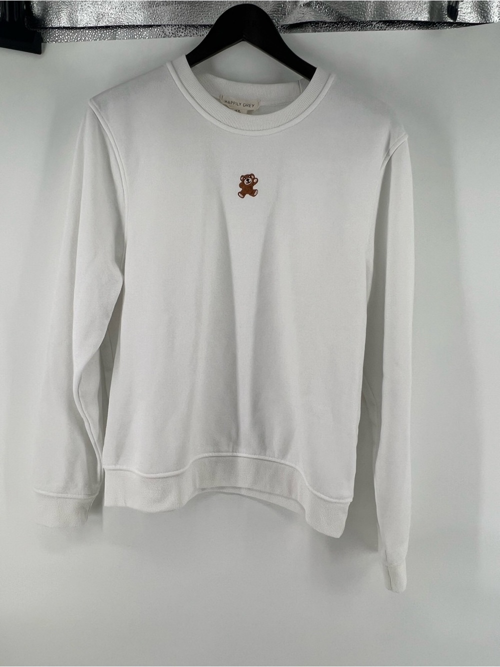 White Crewneck Sweatshirt with Brown Bear Motif
